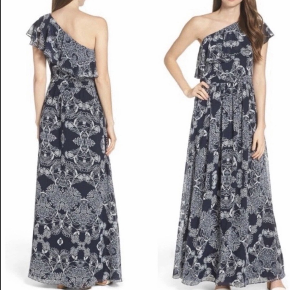 Vince Camuto One-Shoulder Navy Patterned Dress